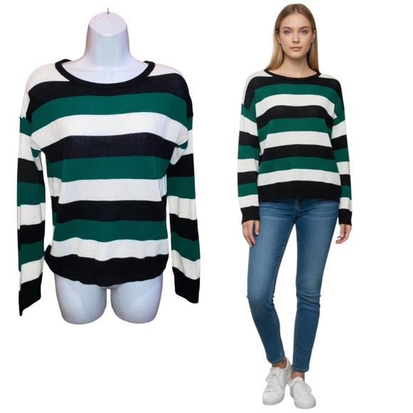 THE LIMITED Open Weave Knit Striped Green White Black Sweater - Women’s Small - Picture 1 of 13